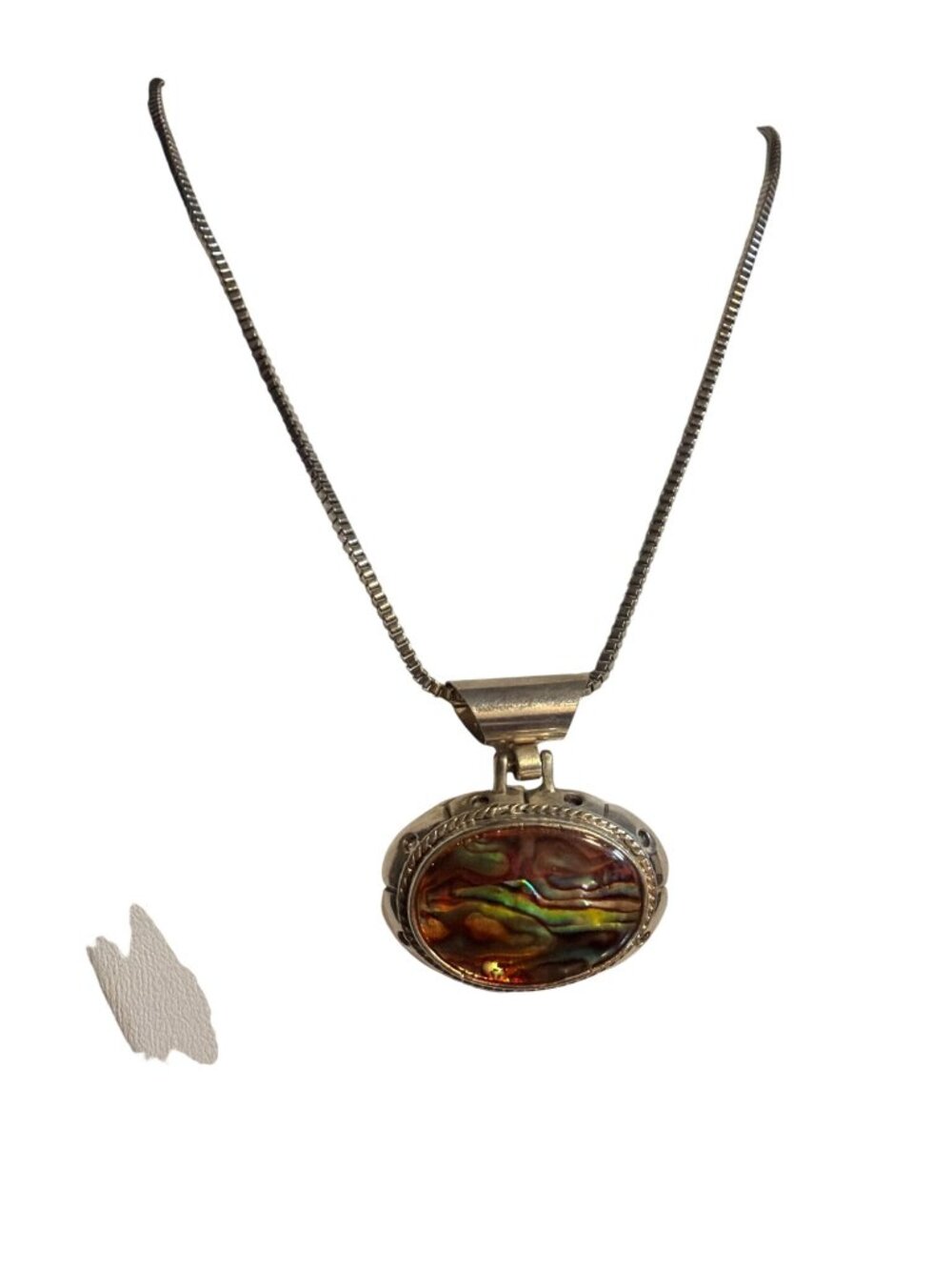 Silver Tone Box Chain Necklace Abalone Best Slide Pendant Oval Adj 27"